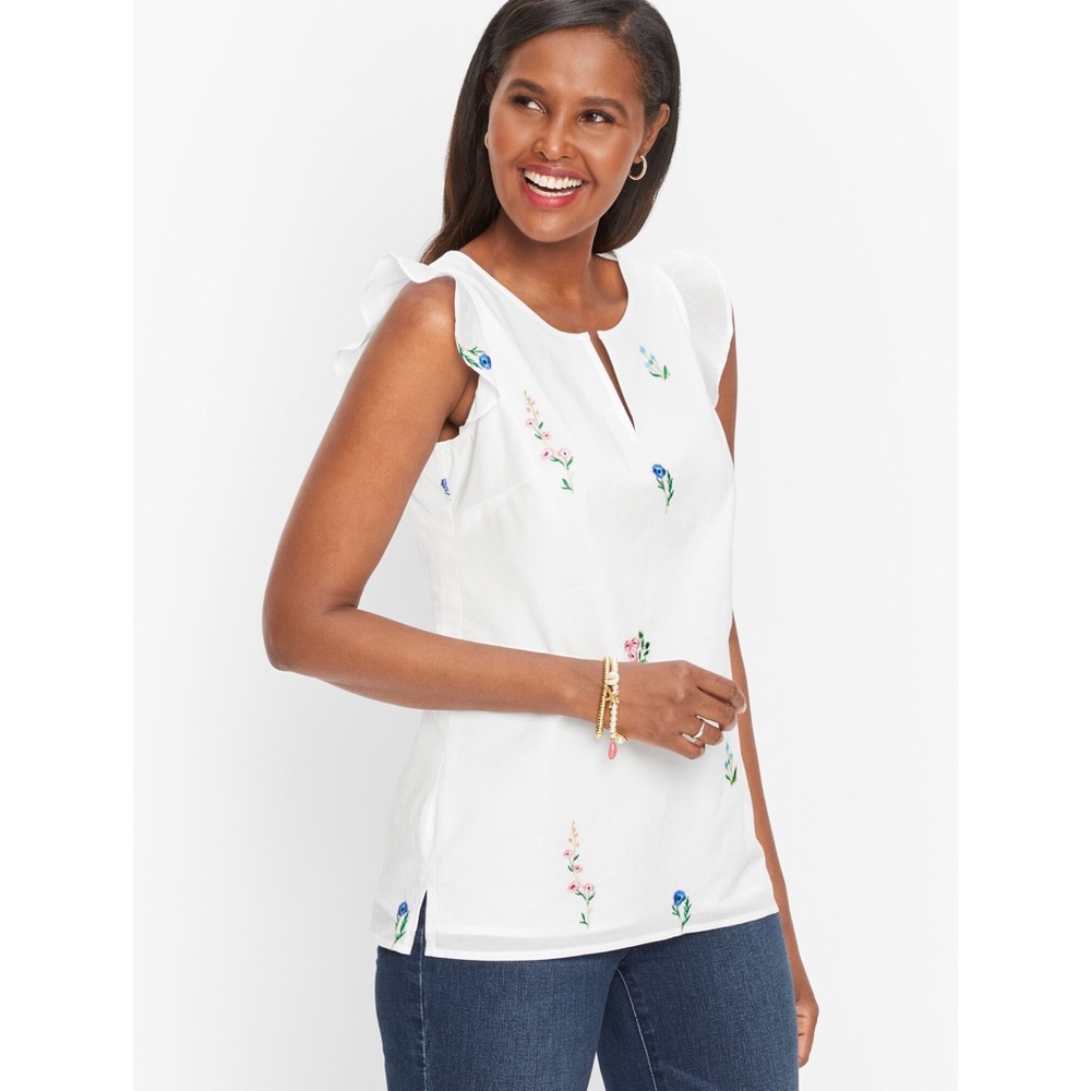 Talbots Tossed Wildflowers‎ Embroidered Cotton Split Neck Short Sleeve Top
